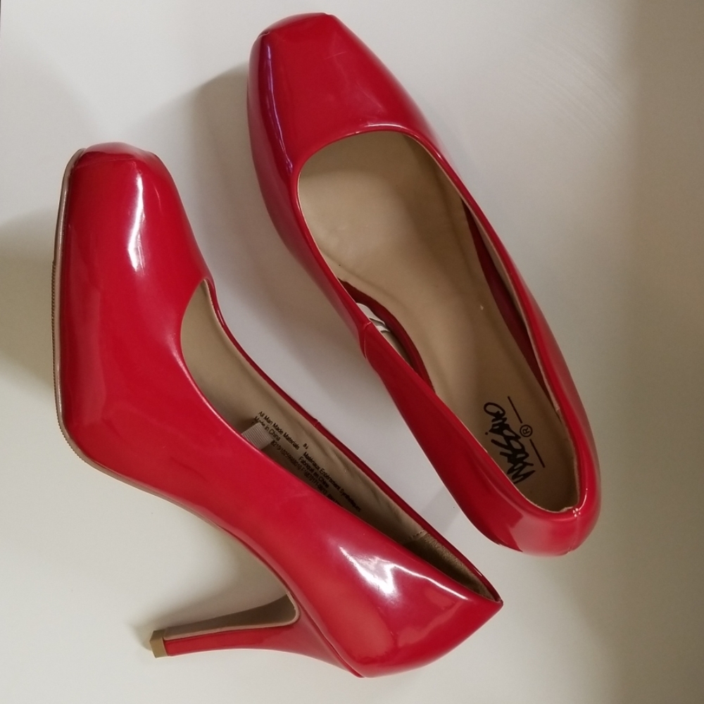 Red Faux Patent Leather Pumps